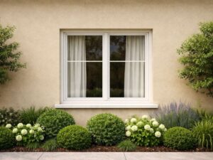 きれいに整えられた植栽と落ち着いたベージュの外壁